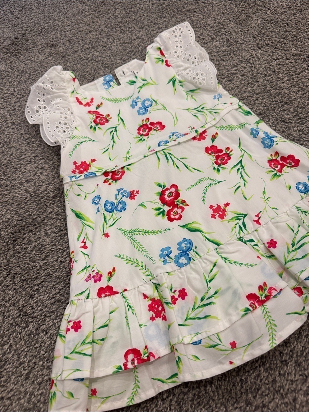 Janie and Jack White Floral Eyelet Sleeve Dress with Red and Blue Flowers - Picture 3 of 9